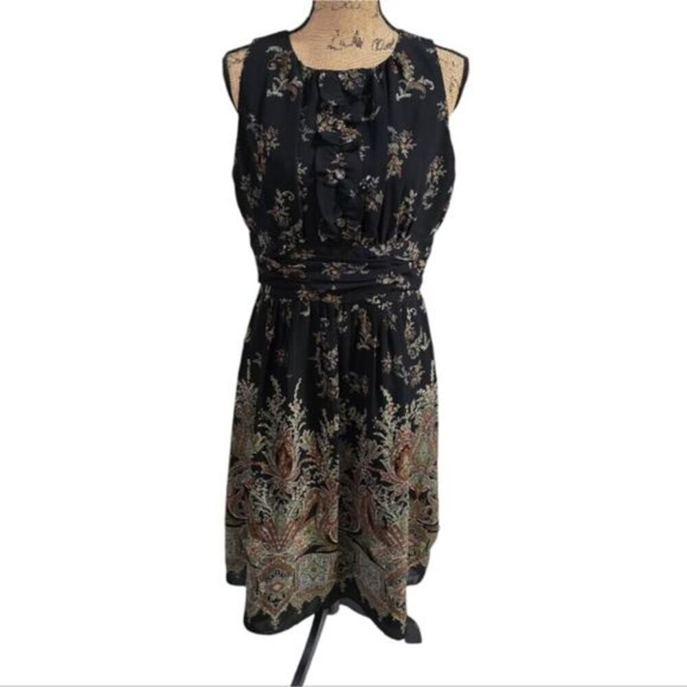 Jessica‎ Howard Black Paisley Ruffle Front Feminine Midi Dress Women's Size 12